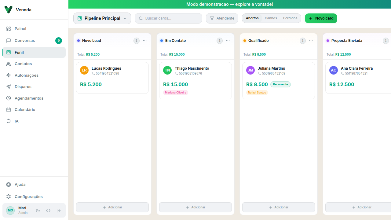 Funil de vendas Kanban da Vennda com etapas e deals